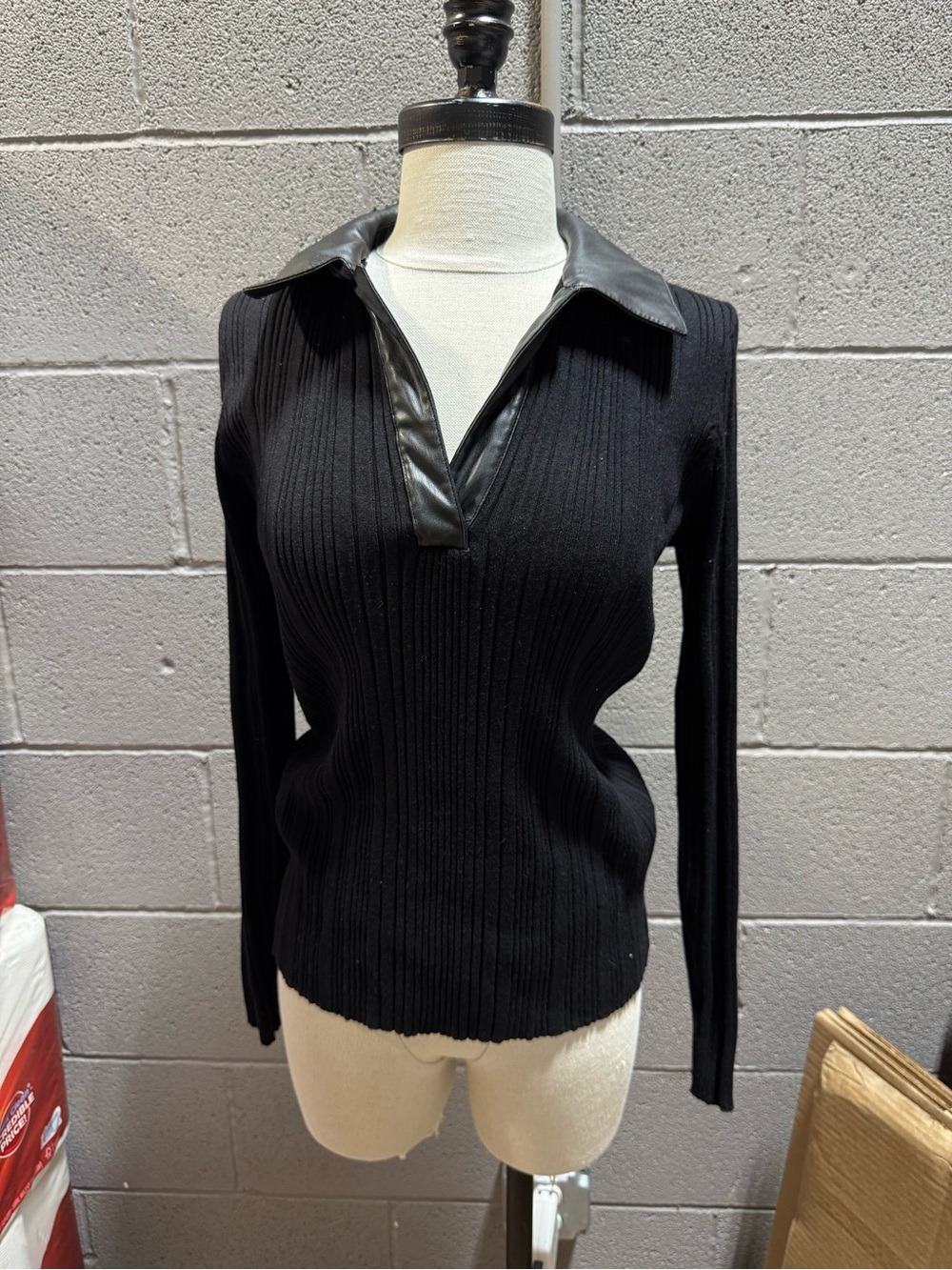 White House Black Market Black Ribbed Long-Sleeve Top with Faux Leather Collar